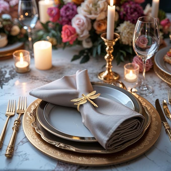 Decozen Set of 16 Gold Napkin Rings in Dragonfly Design Festive Table Decor Setting for Holiday Wedding, Birthday, Kitchen, Home Decor Housewarming Gift - Mothers Day Decorations