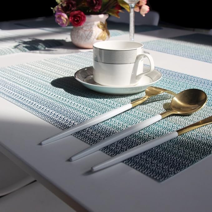 Placemats Washable Easy to Clean PVC Placemat for Kitchen Table Heat-resistand Woven Vinyl Hard Table Mats 12x18 inches Set of 4 （Blue）