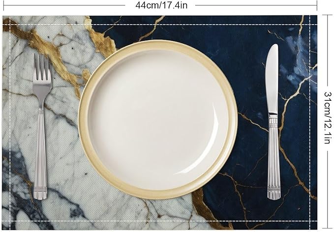 Marble Linen Place Mats Set of 2, 12x17 Inch Modern Abstract Foil Texture White Navy Blue Gold Marble Washable Fabric Non-Slip Placemats for Home Dining Table Banquets Party Kitchen Decoration