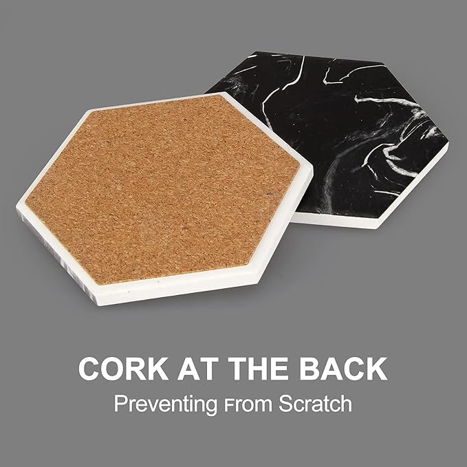Cool Black Marble Coaster Set with Holder Hexagon Absorbent Coasters Modern Ceramic Coster 6 Pack Best Stone Drink Coaster Beverage Coffee Table Decor Funny Bar Desk Cup Coasters