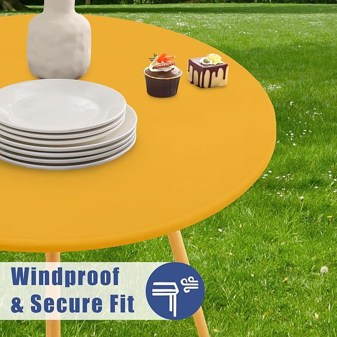 Round Spandex Tablecloth, Elastic Fitted Waterproof Tablecloths for 36"-44" Tables, Stretch Washable Picnic Table Cover for Camping, Dining, Indoor and Outdoor, Mustard Yellow