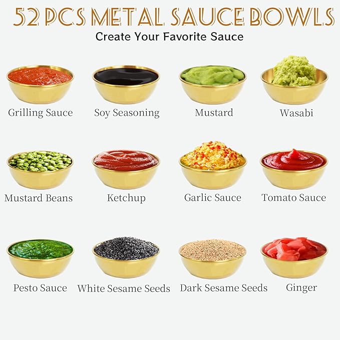52 Pcs Metal Sauce Bowls 3.2 Inch Gold Mini Round Saucers Stainless Steel Seasoning Dishes Cups Small Sushi AppetizerBowls for Restaurant Kitchen Barbecues Dipping