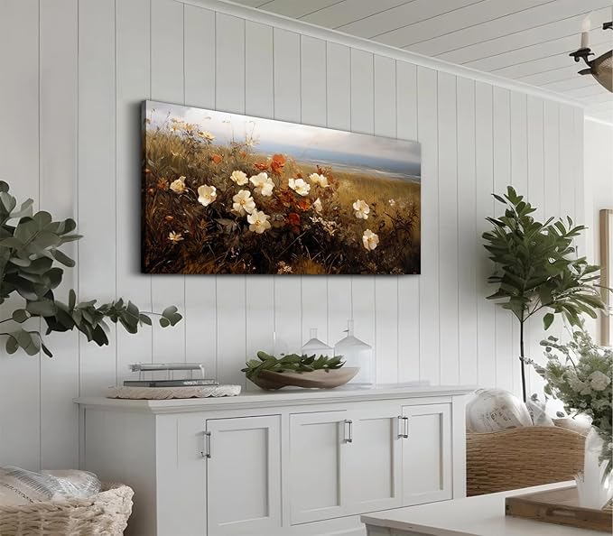 ADJUVANT Wall Art Vintage Coastal Wildflower Field 40"L x 20"W, Seaside Meadow With White And Orange Blooms Canvas Painting Nature Artwork Retro Floral Prints Botanic Wall Decor for Living Room Bedroom