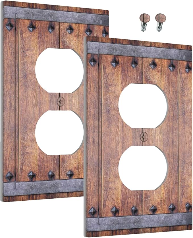 Outlet Covers Rustic Farmhouse Barn Door Vintage Wood 1 Gang Duplex Light Switch Cover Plate Decorative Wall Plates Electrical Switchplate Receptacle for Bathroom Cabin Decor（2 Pack）