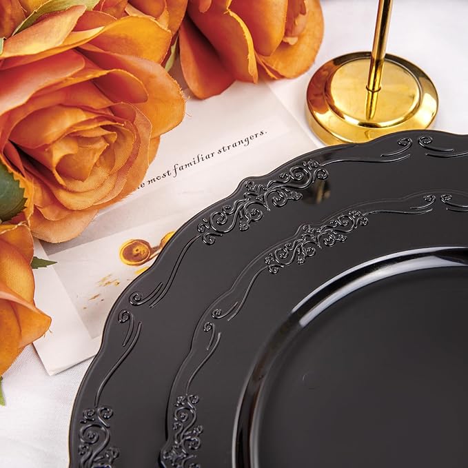 DaYammi 150Pcs Black Plastic Plates & Gold Plastic Silverware,Black Disposable Plates Set Include 30 Dinner Plate, 30 Dessert Plate,30 Golden Knives,30 Gold Forks,30 Golden Spoons for Party Wedding