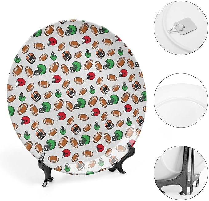 Decorative Plates, American Football Print Ornament, Cartoon Style Rugby Icons Balls American, 7 Inch, 1 Plate with 1 Display Stand, Multicolor