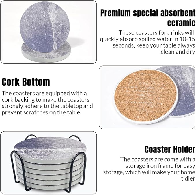 Ceramic Coasters Set of 6, Marble-Textured Design with Holder - Absorbent Cork-Backed Coasters for Cups, Bar & Coffee Table Decor Accessories (Dark Grey Marble, 6 Pack)