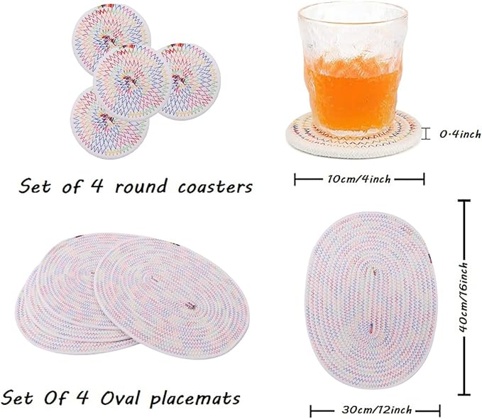 Set of 4 Oval Woven Placemats, Cotton Plate Chargers with 4 Pack Round Coasters, Thick Heat Insulation Household Table Mats Braided Bowl Mats Placemats Fabric Rustic Tablemats for Dining Table