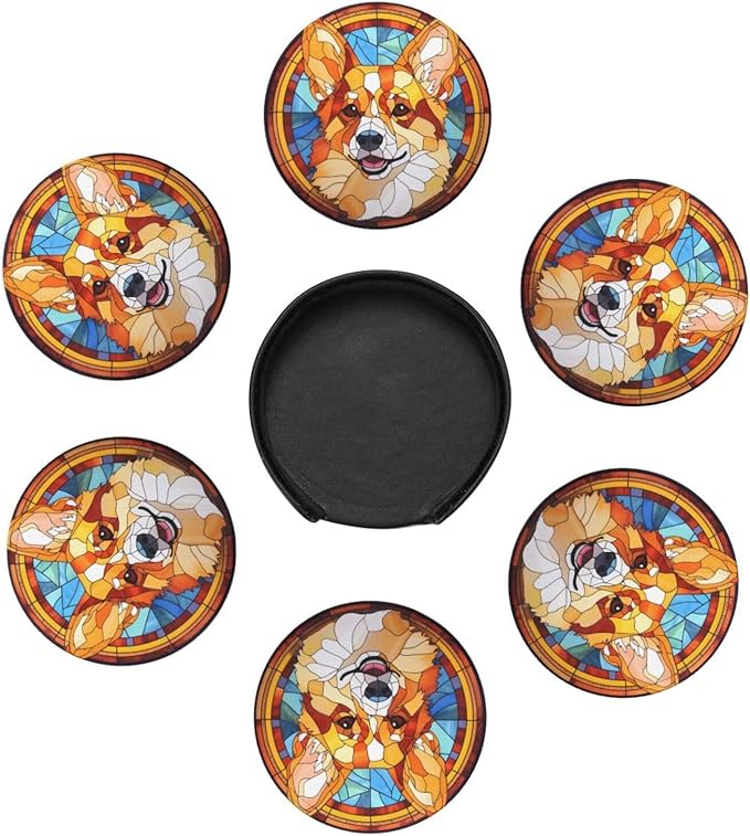 Drink Coaster Set of 6, Corgi Dog Mom Lover Gift,Leather Drink Coasters with Holder,6 Pack Cup/Bar/Drink Coasters for Table/Drinks/Coffee Protection Housewarming Gift