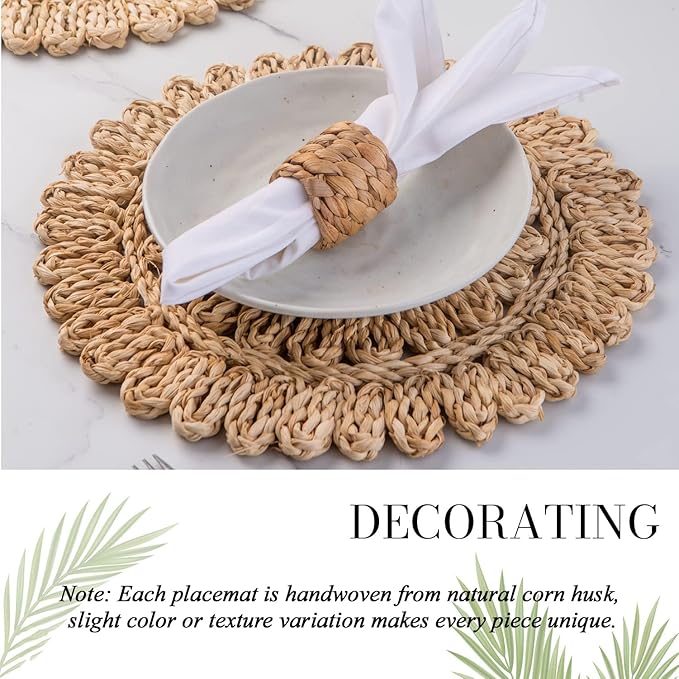 11.8" Set of 6 Round Corn Husk Placemats | Boho Woven Rattan Table Mats | Farmhouse Wicker Spring Plate Chargers Like Water Hyacinth, Seagrass for Wedding, Party, Christmas, Events