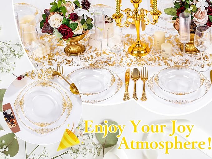 100PCS Clear Gold Plastic Bowls - 12 oz Clear Disposable Salad Bowls - Heavy Duty Disposable Soup Bowl - Fancy Plastic Ice Cream Bowl for Weddings, Parties, Dinners, Picnics,