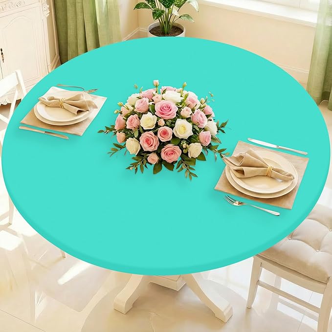 Round Spandex Tablecloth, Elastic Fitted Waterproof Tablecloths for 36"-44" Tables, Stretch Washable Picnic Table Cover for Camping, Dining, Indoor and Outdoor,Aqua Blue