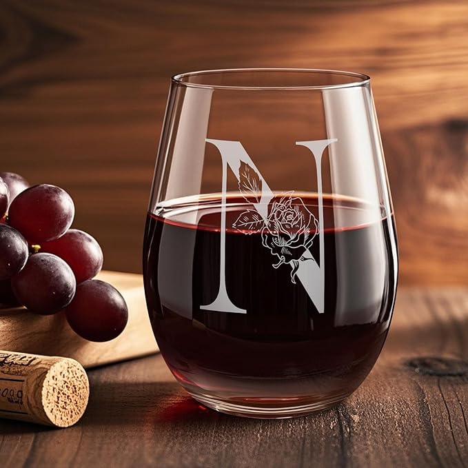 Valentines Day Gifts for Her, Gifts for Women Her Friend Mom Grandma Wife Sister Bridesmaid Nurse, Birthday Galentines Mothers Day Christmas, Personalized Initial Customized Wine Glasses 18OZ(N)