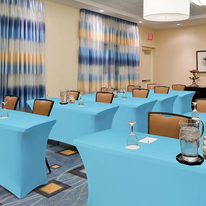Spandex Table Cloths for 8 Foot Rectangle Tables-6 Pack Fitted Stretch Light Blue Table Covers-Folding Tablecloths for Party, Vendor Booth Display, Banquet Buffet Event, Craft Trade Show
