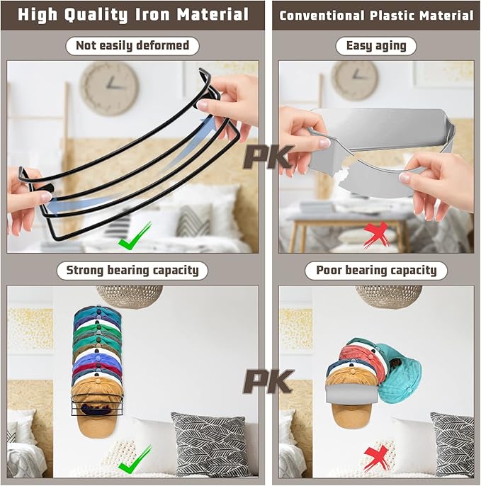 Hat Organizer for Baseball Caps, 2-Pack Black Metal Hat Rack Wall Ball Cap Storage Organizer Hold Up to 30 Caps Hat Holder for Wall Door Closet, Wall Mounted & Adhesive Installation Option