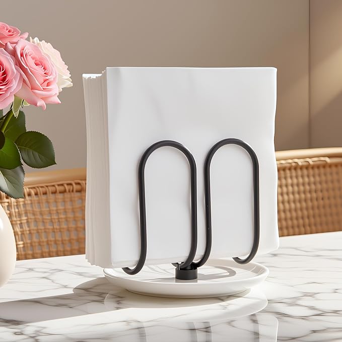 VROOMIUM Napkin Holder for Table, Effortless Cleaning Ceramic Base, 1 lb Weight, Black Napkin Holders for Paper Napkins, Servilleteros para Mesas