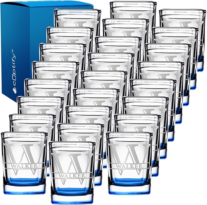 Personalized Square Shot Glasses Set of 25 Blue Bottom 2oz Engraved Initial and Name Custom Gifts, Weddings, Birthdays, Party, Event, Decorations
