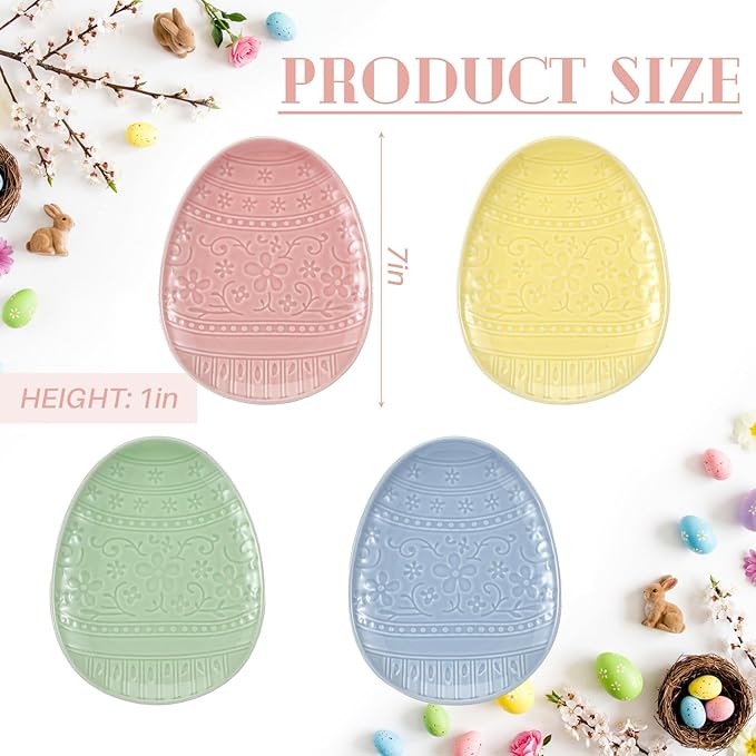 Havawish 4 Pack Easter Pastel Ceramic Dessert Plates 7 Inch Egg Accent Plates for Easter Parties Appetizer Salad Snacks Family Meals Spring Kitchen Table Decor