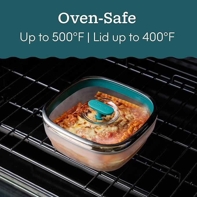 Anyday 5.5-Cup Square Glass Food Storage with Glass Lid | Plastic-Free Meal Prep & Microwave Cookware | Stackable Airtight Storage Container with Vented Lid for Microwave-Safe Reheating