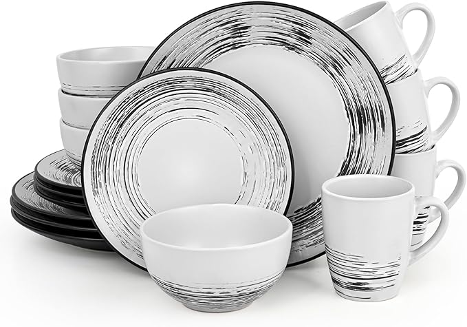 Homlouue 16 Pcs Stoneware Dinnerware Sets for 4, Porcelain Farmhouse Plates Bowls Mugs Set - Minimalist Chip Resistant Dish Set, Microwave & Dishwasher Safe in White and Black Thread