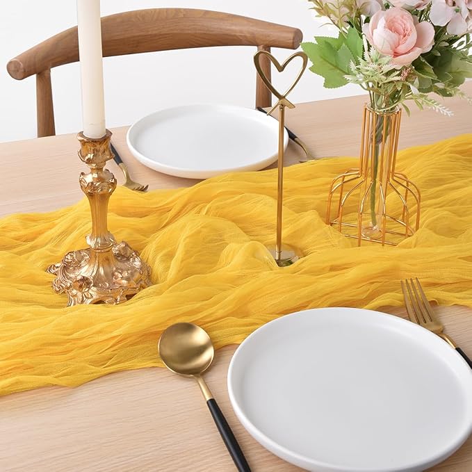 Joanlody Yellow Cheesecloth Table Runner Spring Easter 10Ft Rustic Gauze Boho Cheese Cloth Table Runner for Wedding Bridal Baby Shower Decoration 4 Pack