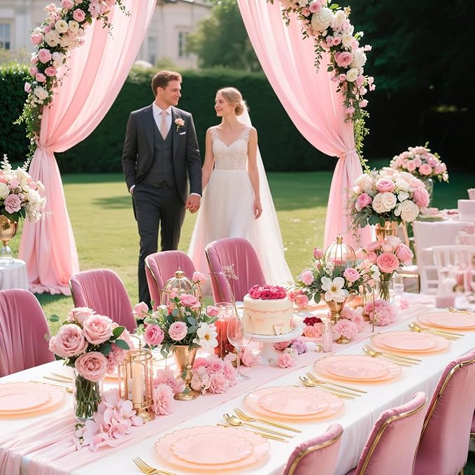 LIYH 120 Pcs Pink Plastic Plates Disposable - Pink Disposable Plastic Plates Set for Party Includes 60 Dinner Plate 10.25" & 60 Dessert Plate 7.5" Elegant Gold Rim for Party Birthday