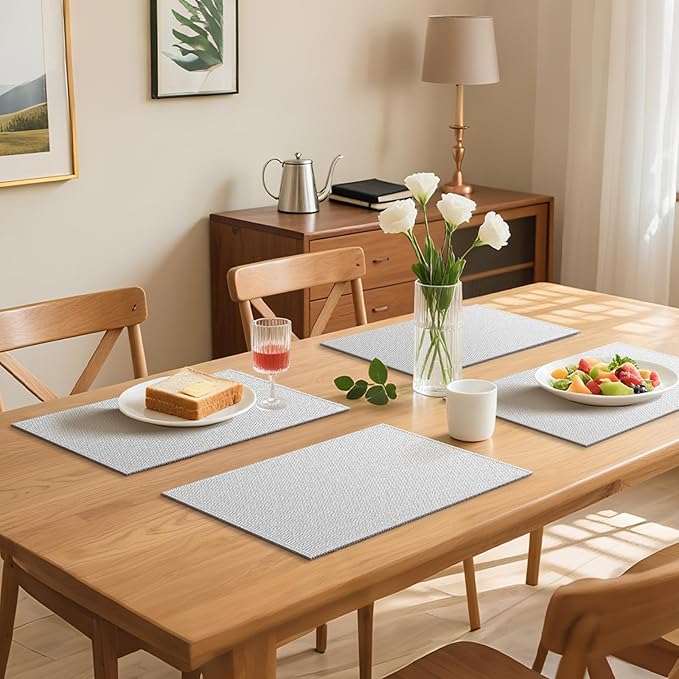 Blue Forest Placemats Set of 6, Dual-Layered Thickened Faux Linen Table Mats Heat Resistant Machine Washable Wrinkle Free Place Mats for Kitchen Dining Outdoor/Indoor (Cream Beige)
