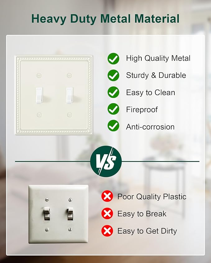 2-Pack Double Toggle Light Switch Cover Plate, Pearls Decorative Dual Switch Plate Covers, Light Almond 2 Gang Metal Wall Plate, Corrosion Resistant