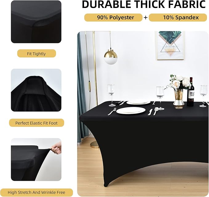 2-Pack 4ft Black Spandex Table Covers for Rectangular Folding Tables - Wrinkle Resistant Stretch Tight Table Cloths - Ultimate Fitted Table Protector for Parties, Banquet, and Wedding