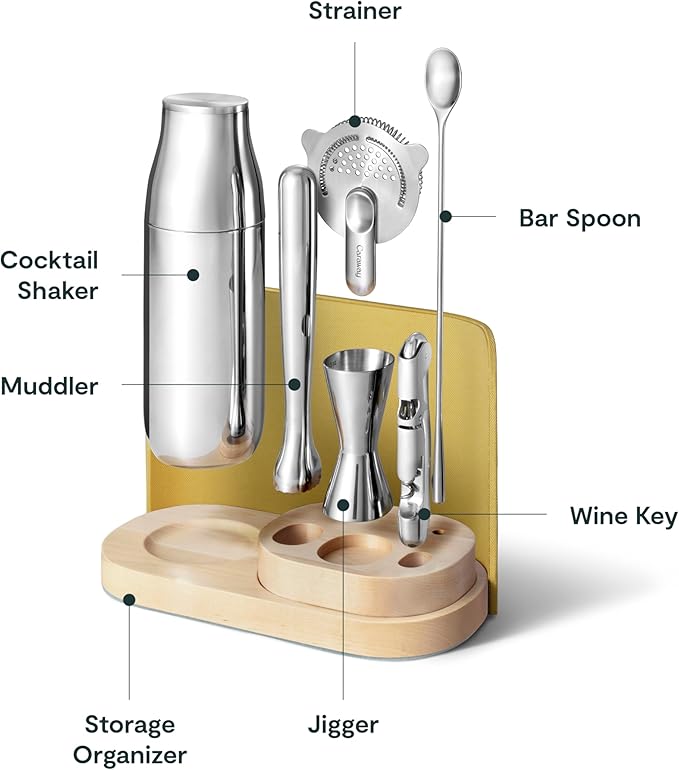 Caraway 9-Piece Complete Bar Set - Cocktail Shaker, Jigger, Muddler, Wine Key, Strainer, Bar Spoon, Storage Organizer, Magnetic Backer - Bartender Accessories - Tools for Home Bartending - Lemon Drop
