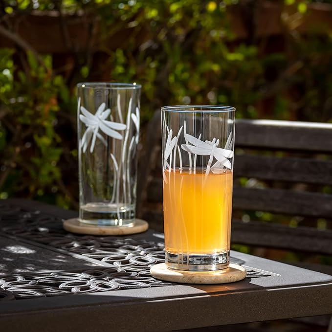 Rolf Glass Dragonfly Highball Glass 15 ounce - Set of 2 Cooler Glasses – Lead-Free Glass - Etched Drinking Glass with Heavy Base - Made in the USA