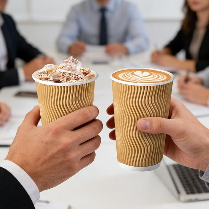 500 Pack 16 oz Disposable Coffee Cups No Lids, Insulated Ripple Wall Paper Coffee Cups 16oz for Hot Chocolate Tea Home Travel Office (Champagne)