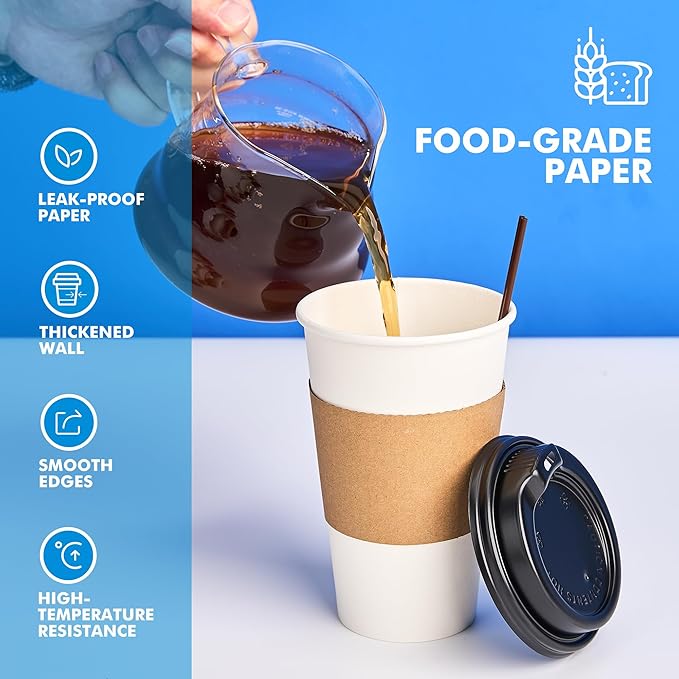 RACETOP 16 oz 100 Pack Disposable Paper Coffee Cups with Lids, Sleeves and Stirrers, Hot Cups, Paper Cups with Lids, Sleeves and Stirrers, Ideal for Home/Office