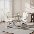 47.2" Round Glass Dining Table Set for 4, Modern 5 Piece Kitchen Table Set with Silver Stainless Steel Base & 4 PU Leather Accent Chairs, Saving Space, Dining Set for Apartment, Home - White Chair
