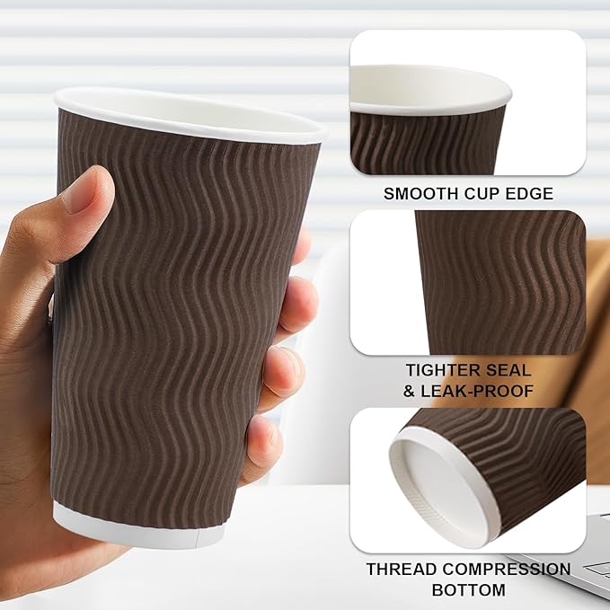 500 Pack 16 oz Disposable Coffee Cups No Lids, Insulated Ripple Wall Paper Coffee Cups 16oz for Hot Chocolate Tea Home Travel Office (Brown)
