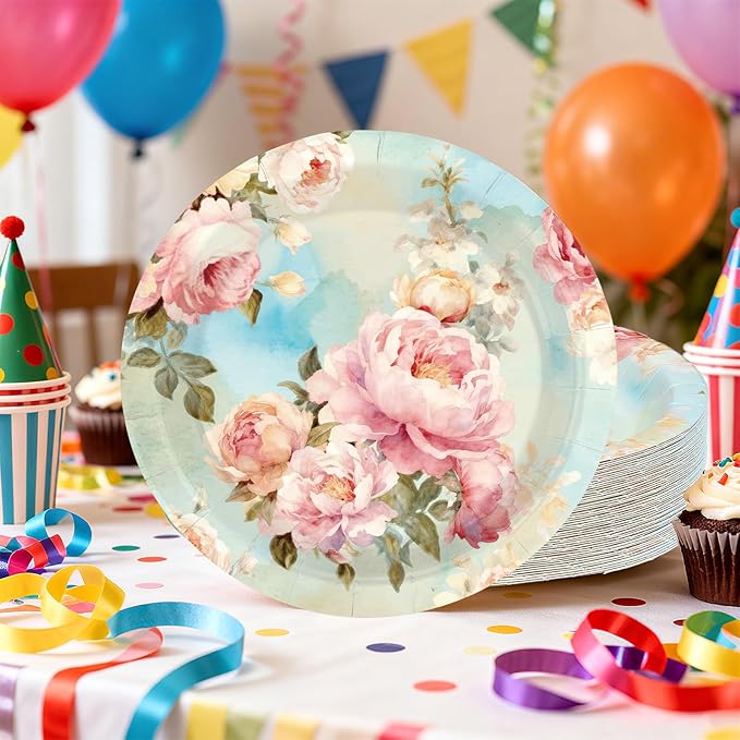50Pcs Peony Floral Party Supplies 9" Vintage Floral Paper Plates Disposable Pink Peonies Tableware for Birthday Bridal Shower Baby Shower Wedding Party Decorations