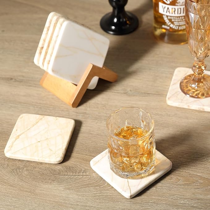 Koville Marble Coasters Set of 5, Square Coasters with Holder for Drinks, 4" Cup Coaster for Coffee Table Home Office Bar Decor, Heat Resistant Decorative Drink Coaster (White&Gold)
