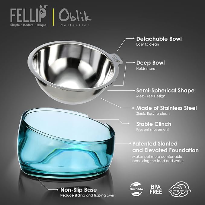 Felli Pet Oblik Acrylic Raised Dog Food Water Bowl Stainless Steel Slanted Oval Dish for Short Leg Puppy & Small Medium Pet, Elevated Tilted Metal Feeder (Sapphire, 1.5 Cups Oval Dish)