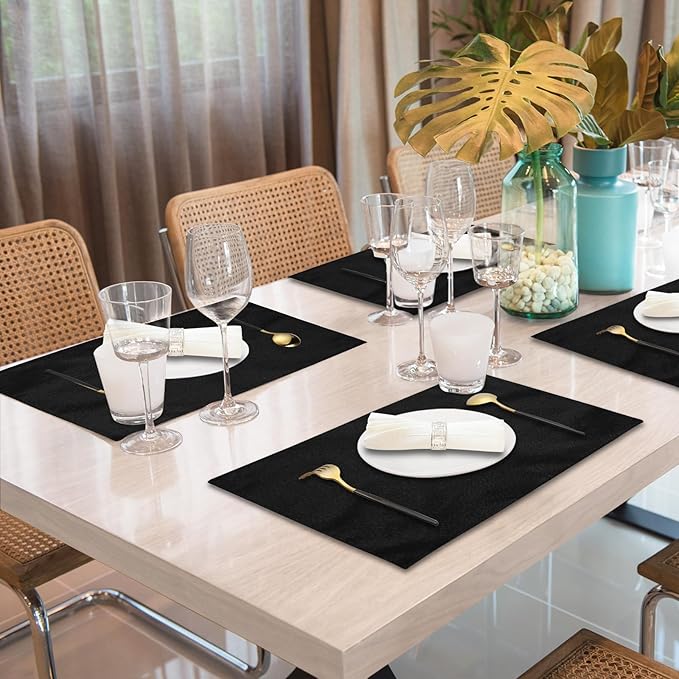 Cloth Placemats Set of 4, Cotton Linen Blend Machine Washable Double Layered Durable Place Mats Heat Resistant Placemats Wrinkle Free Thick Fabric Dining Table Mats (Black, 4)