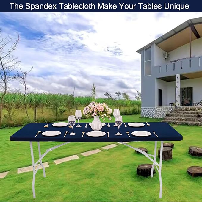 4 Pack Spandex Table Top Cap Cover Stretch Fitted Washable Elastic Rectangle Tablecloth for 6 FT Folding Tables for Indoor Outdoor Party (72 x 30 Inches, Navy Blue)