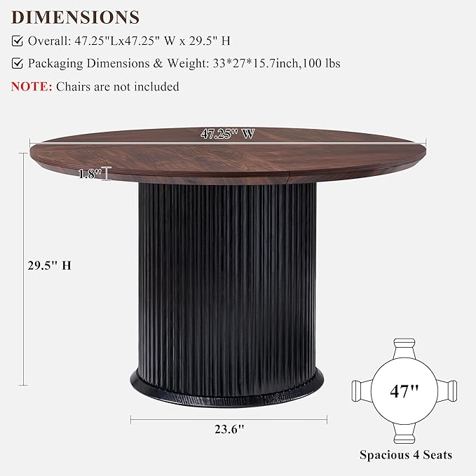 T4TREAM 47" Fluted Round Dining Table for 4-6, Mid-Century Modern Kitchen Table with Thickened Edge & Cylindrical Base for Dining Room, Kitchen, Living Room,Walnut & Black(Table Only)