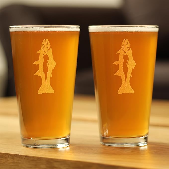Bevvee Trout - Pint Glass for Beer - Trout Fishing Gifts for Fisherman - Fun Fish Cups & Lake House Decor - Set of 2-16 oz
