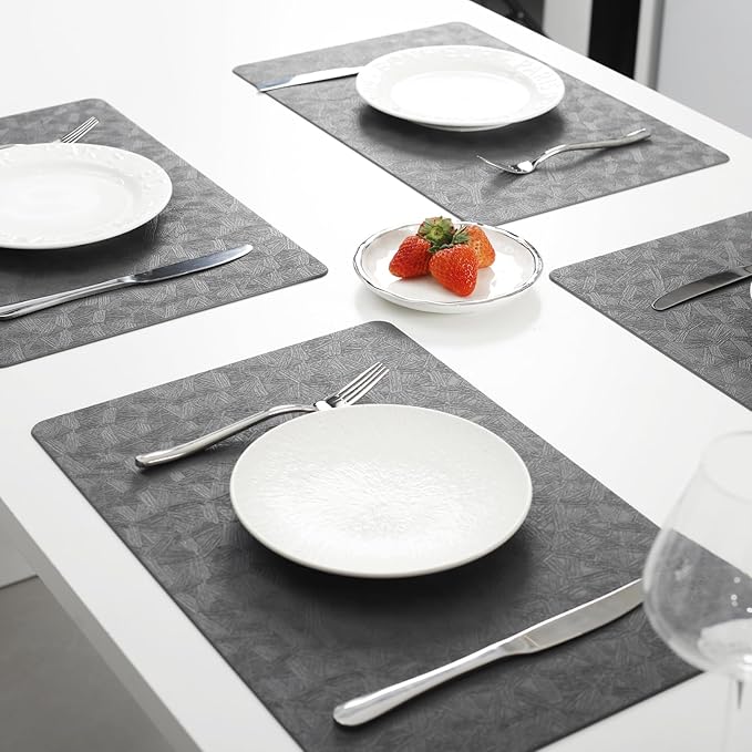 Vinyl Placemats Set of 4 Heat Resistant Easy Clean Non-Slip Place Mats for Dining Table Faux Leather Waterproof Stain Resistant Wipeable Washable PVC Table Mats(4, Gray)