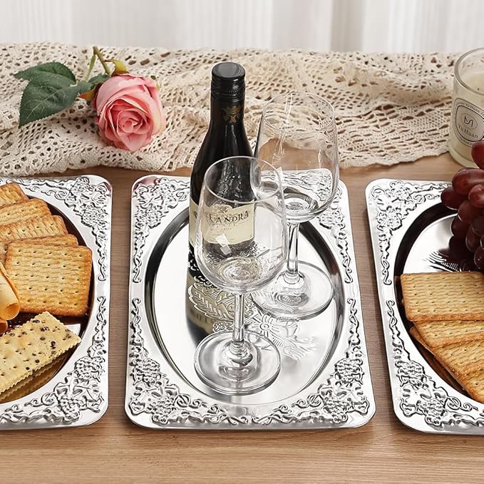 4-Pack Small Silver Serving Trays Set - ZENOVLUX Oval Vintage Engraved Mirror Decorative Tray, 11.4" x 7" Party Platters for Valentine's Day, Food, Appetizer, Charcuterie, Cookies, Desserts