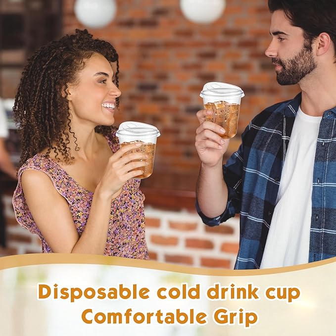 Baderke 50 Pcs Plastic Cups with Sip Lids Round Bottom Disposable Plastic Coffee Cups with Lids Clear Strawless Crystal Mugs for Iced Coffee Smoothie Cold Beverage Party Catering Supplies (14 oz)
