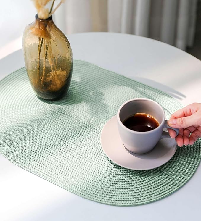 FunWheat Oval Braided Placemats Set of 4 Table Mats for Dining Tables Washable Heat Resistant Place Mats for Indoor Outdoor Use 12 x18 Inch (Oval Fog Green, 4pcs)