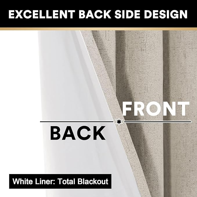 PrinceDeco Linen 100% Blackout Curtains for Bedroom/Living Room Reduce Noise Light Blocking Window Curtains Drapes for Boho Home Decor, Linen Look Fabric with White Liner (52 x 120 Inch,Cobblestone)
