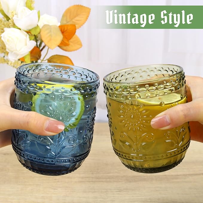 Topsky Vintage Drinking Glass Set of 4,12 oz Embossed Floral Drinkware Set,Green Drinking Glasses Cups Wine Glasses Colored Glassware for Whisky,Beer,Juice,Cocktail,Heavy Duty