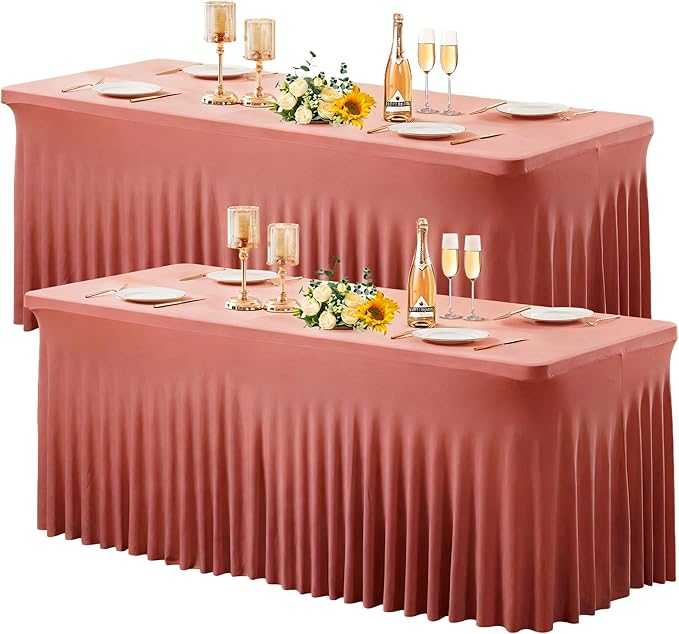 Wish Care 2 Pack Dusty Rose Spandex Table Clothes for 8 Foot Rectangle Tables, 8FT Wrinkle Free Fitted Tablecloths Ruffles Design Table Cloth for Party, Banquet, Wedding and Events