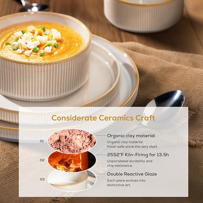 Romswi Stoneware Dinnerware Set for 4, 16Pcs Plates and Bowls Sets with Mugs, Chip & Scratch Resistant Dish Set, Handmade Reactive Glaze Plate Set, Oven,Microwave and Dishwasher Safe, Cappuccino White